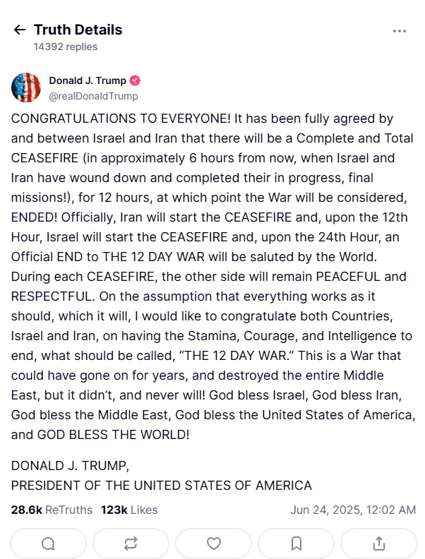 Post di Donald Trump su TRUTH